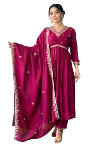 GR74 FASHION Women's Pleated Kurta Set with Palazzo Pants, Ethnic Indian Traditional Suit, Festive Party Outfit (IN, Alpha, M, Regular, Pink)