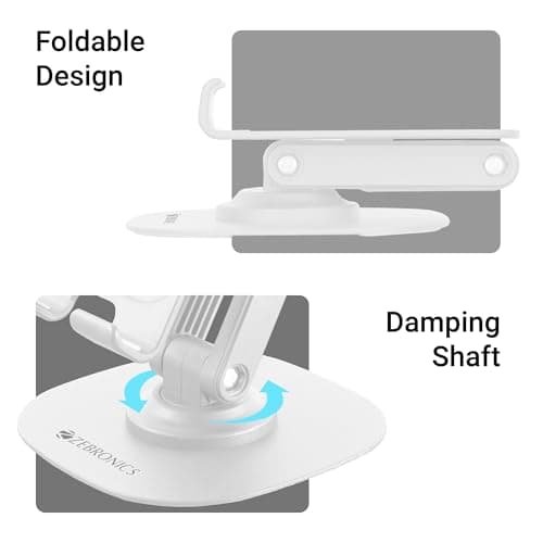 ZEBRONICS MTS200, Foldable Mobile Holder, Upto 9.6 inches, 360° Rotatable, Stepless Multi Angle Adjustment, Anti-Skid Base & Resting pad, Lightweight & Handy, Compatible with Mobile & Tablet (White) 5
