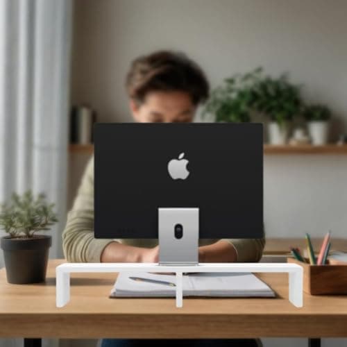 flux Monitor Stand Wooden | Monitor Stand Riser | PC Stand For Desktop Table | , with 3 leg support, Non-Slip | Material: Particle Board Wood | Size: (59.5 cm x 20cm x 12cm) white 2