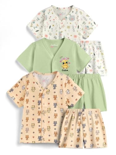 HELLCAT 100% Cotton Jhabla T Shirt & Shorts Matching Co-ords for Babies - Pack of 3 (0–18M, Unisex, ShortSleeve)_Yellow/Green/Cream_12-18Months