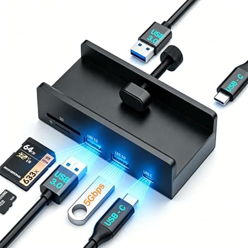 COMFYHOME 5 Multi-Port Clamp USB Hub, USB Dock/Extension with 2-Port USB3.0, USB C Data, 5Gbps High Speed Data Transfer, SD/TF Card Reader, Dock Station for 0.39"-1.2" Desktop/PC/Desks/Mac