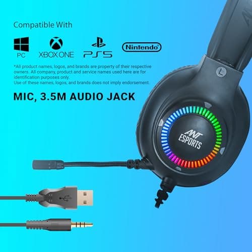 Ant Esports H580 Gaming Headset with Microphone for PS4 PC Xbox one PS5 Switch Laptop, Over Ear Headphones Wired with Noise Cancelling Mic, 3.5m Audio Jack, 50mm Stereo Drivers, Led Light – Black 4