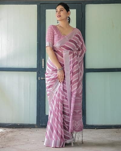 Kaugalian store Linen Cotton Stripe Printed Pink Saree For Women With Unstitched Blouse Piece 5