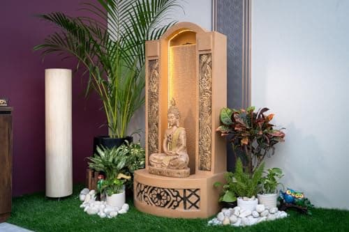 EXPLEASIA Slate Buddha 4ft Water Fountain for Home Office Garden Indoor Fountain Big Size Water Fountain for Garden Fountain for Home vastu (Beige) 4