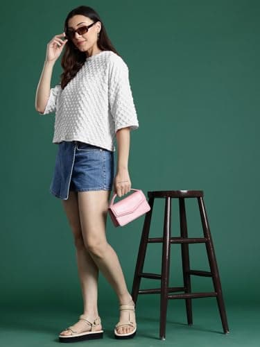 Zilcon Womens Round Neck Drop Shoulder Tops Half Sleeve Drop Shoulder Woman Stylish Western Knit Ribbed Casual T Shirt (in, Alpha, M, Regular, White) 5