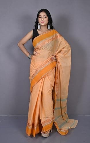 Bengal Looms India -Designer Bengal Tangail Self Nakshi Katha Thread Work Cotton Saree - Ethnic Wear for Wedding, Festive & Party Occasions (Cantaloupe, Brown and Sea Green) 2