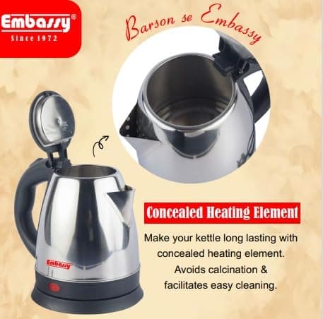 EMBASSY Electric Kettle Stainless Steel 1.5 L | 1000W | Superfast Boiling | Auto Shut-Off | Boil Dry Protection | 360° Rotating Base | 2 YEAR WARRANTY 2