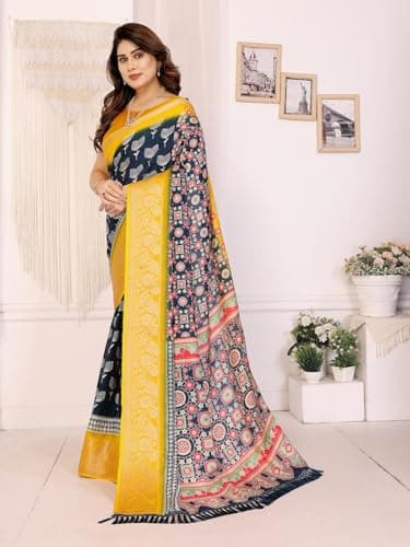 RAJESHWAR FASHION WITH RF Women's Traditional Silk Saree with Floral Print, Navy Blue and Yellow, Contrast Border with Tassels 4