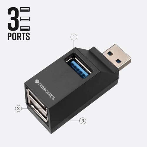 ZEBRONICS 180HB USB HUB, 3 Ports, USB 3.0, Transfer Speeds Upto 5 Gbps, Lightweight Design, Multi OS Compatible, Plug and Play 5