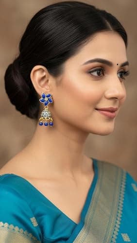Traditional Jhumka Earrings Combo, Pink, Blue and Black, Crystal Top with Pearl Drops, Set of 3 Pairs (4) 3