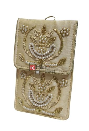 Exclusive Mobile Pouch Zardozi Hand Embroidery With Waist Clip Hook & Sling Chain (removable) | Ladies Women’s Handbag Wallet Sling Purse | Party Wedding Festival Giveaways Gift | (Gold) 2