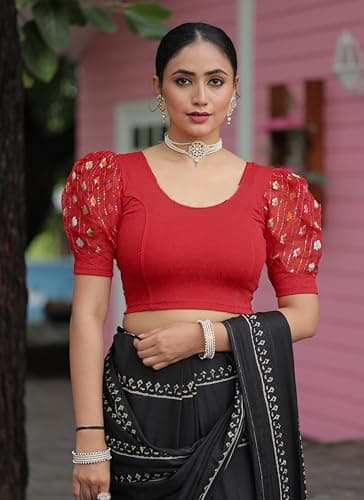 Amazon Brand - Anarva Round Neck Lycra Stretchable Puffed Elbow Sleeve Readymade Saree Blouse for Women Stylish (roli-red-Blouse-XL) 2