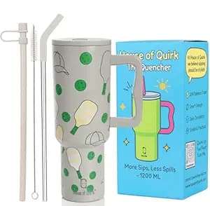 House of Quirk 1200ML Stainless Steel Tumbler with Handle & Lid, 2 Straws – Large Travel Mug Water Cup for Gym, Office & Outdoor Use (Pickleball)