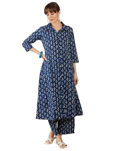 INDO ERA Women Blue Pure Cotton Co-Ord Set | Kurta Pant Set for Casual Wear,IESTR12020M | Co Ord Set For Women Stylish |