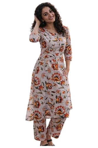 Women’s Floral Printed Kurta Pant Set – Stylish Ethnic Co-Ord Set for Daily & Casual Wear (in, Alpha, 2XL) Off White