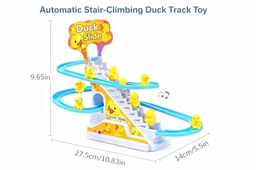 TEC TAVAKKAL Duck Slide Toy Set, Funny Automatic Stair-Climbing Ducklings Cartoon Race Track Set Duck Roller Coaster Escalator Toy with Flashing Lights & Music (Duck Slide Track Set) 2
