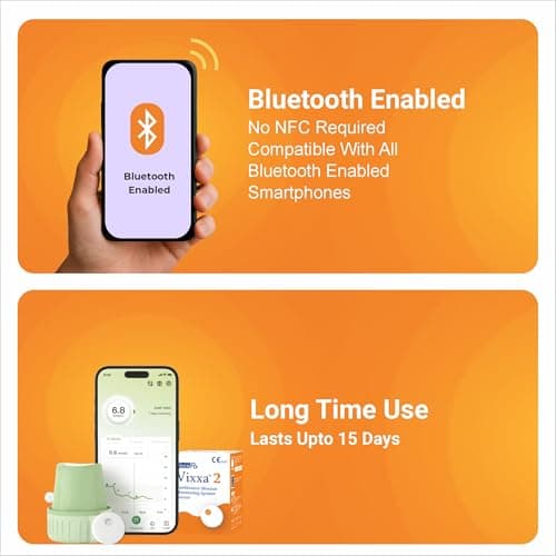 GlucoRx Vixxa 2 CGM Glucose Monitor Device| Real Time Blood Sugar Test Machine for Home | Glucometer Last upto 15 Days | Bluetooth Enabled | Highest Accuracy | Pack of 1 2