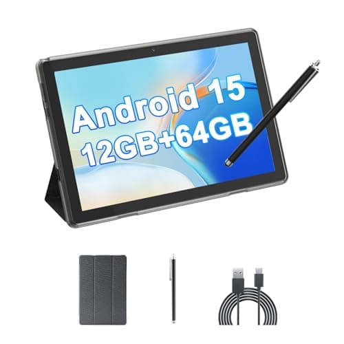 HOTTABLET 10" Android 15 Tablet, 12 (4+8 Expansions) GB RAM + 64GB ROM, 2+8MP Dual Camera, 6000mAh Battery (Tablet + Case + Pen) (Black)