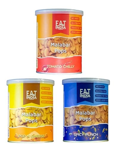 Eat India Malabar Pops Snacks, 100g, Gluten-Free, No Maida, 3 Flavours - Tomato Chilly, Pop'n Cheese, Spicy Punch