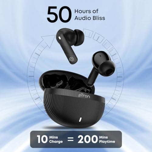 pTron Bassbuds Fury in-Ear TWS Earbuds with 13mm Drivers, 50Hrs Playtime, AI-ENC Clear Calls, Bluetooth V5.4 Wireless Headphones, Voice Assistant, Type C Charging & IPX5 Water Resistant (Black) 4