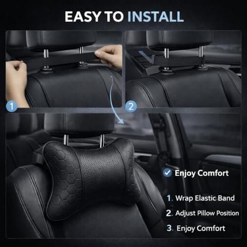 AdroitZ Faux Leather 𝗨𝗡𝗜𝗩𝗘𝗥𝗦𝗔𝗟 Car Neck Rest Pillow | Premium headrest Cushion Neck Pain Relief | Head Rest Support for Long Drives | Headrest Interior Seat Accessories for All Cars(Set of 2) 2