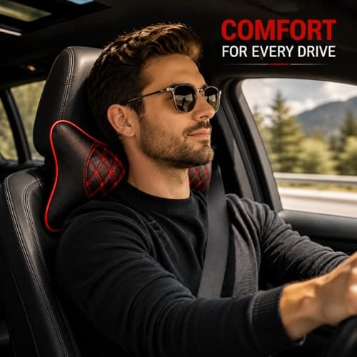 AdroitZ Faux Leather 𝗨𝗡𝗜𝗩𝗘𝗥𝗦𝗔𝗟 Car Neck Rest Pillow | Premium Embroidery Cushion Neck Pain Relief | Head Rest Support for Long Drives | Headrest Interior Seat Accessories for All Cars(Set of  3
