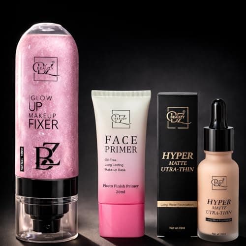 Beauzy Professional Glow Up Makeup Fixer Combo with Photo Face Primer 20ml & Hyper Matte Ultra-Thin Foundation 20ml | Long-Lasting Matte Finish | Oil-Free Makeup Combo for All Skin Types (Pink)