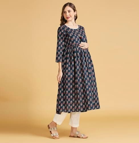 MomToBe Wome's Cotton Anarkali Maternity Kurti/Pregnancy Dress/Easy Breastfeeding Kurta with Zippers/Maternity Dress with Zippers for Nursing Pre and Post Pregnancy (Basil Green ; 2XL) 3