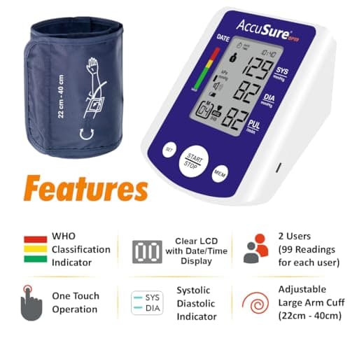 AccuSure BP09 Digital Blood Pressure Monitor – Automatic Upper Arm BP Machine for Home Use, Large Display, WHO Indicator, Dual User Memory, Adjustable Cuff (22–40 cm), USB Type-C & Battery Powered | 2 3