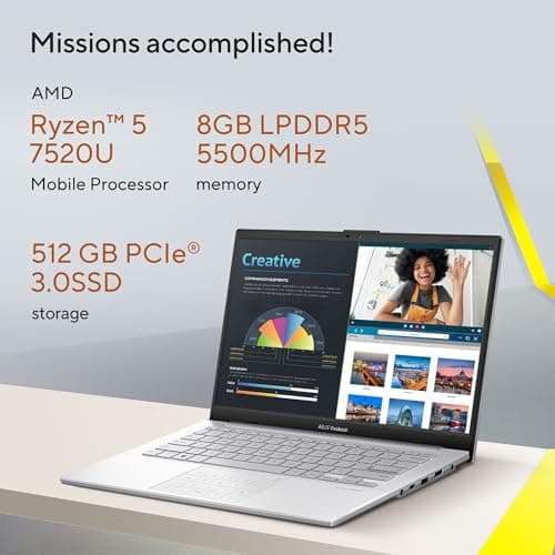 ASUS Vivobook Go 14, AMD Ryzen 5 7520U Processor, 8GB RAM,512GB SSD,AMD Radeon iGPU, 14" FHD, Windows 11,M365 Basic (1Year)*,Office Home 2024, Silver, 1.38 kg, E1404FA-EB2521WS, Thin & Light Laptop 2