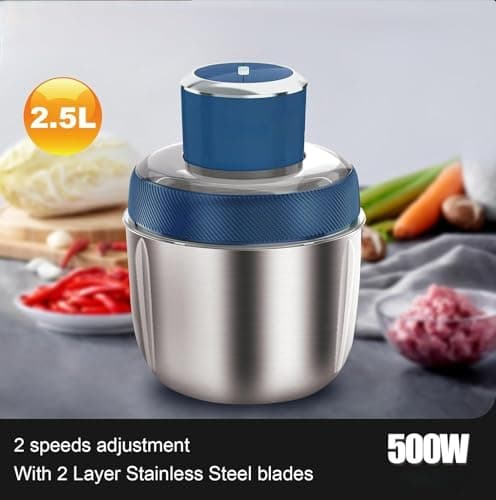 REMICH 2.5L Electric Food Processor Vegetable Chopper – 2 Speed Modes with 4 Sharp Blade for Kitchen –Mincing/Chopping/Pureeing/Grinding – Used For Dough Stirring, Meat, Nuts, Fruits (Blue-500W) 4