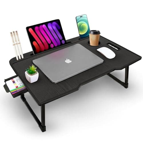 VEDAIRE Smart Multipurpose Premium Foldable Laptop Table with Cup Holder, Study Table, Bed Table, Breakfast Table, Foldable and Portable/Ergonomic & Rounded Edges/Non-Slip Legs
