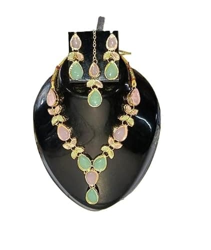 Women Kundan Necklace Earrings Maangtika Set Gold Plated Artificial Stone Adjustable Bridal Party Jewellery Set Multi Free Size