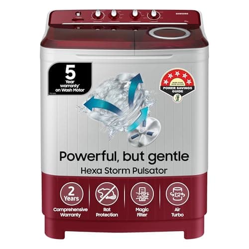 Samsung 7.5 Kg Inverter 5 Star Semi Automatic Top Load Washing Machine (WT75B3200RR/TL, Light Grey & Red Base, Air turbo drying, 5 Year Warranty on Wash Motor)