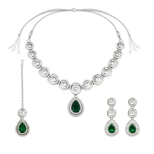 ACCESSHER Women's & Girls Silver-Tone Elegant Green Teardrop Pendant Necklace Set Latest Stylish Spiral Design Jewellery Set with Earrings Fancy Accessories For Wedding