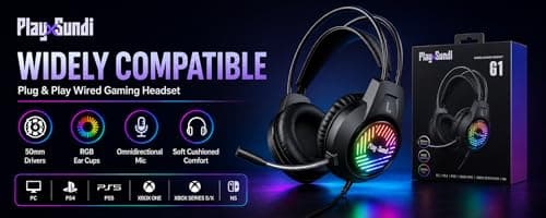 PlayxSundi G1 Wired Gaming Headset | 50mm Drivers | 7.1 Surround Sound | RGB LED Light | Omnidirectional Mic | 3.5mm + USB | PC PS4 PS5 Xbox One Xbox Series S/X NS Switch | 2M Cable | 6 Month Warrenty 2