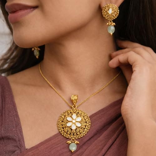 KANISHK JEWELLERS Antique Gold Finished Sterling Silver 92.5 Ethnic Pendant Jewelry Set with Green and White Gemstone Accents 3