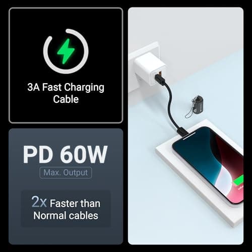 Zebronics Wattz 60CC4 Type-C to Type-C Braided Cable, PD 60W, Upto 480Mbps Data Sync, 20 cm, Durable, Charge & Sync, Rapid Charging, Compact with Keychain Case, For Laptops, Tablets, Mobiles (Black) 3