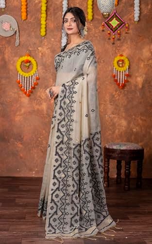 Bengal Looms India - Tantuja Inspired Traditional Karat Needle Nakshi Jaal Work Soft Jamdani Saree with Blouse Piece- Ethnic Wear for Wedding, Festive & Party Occasions 5