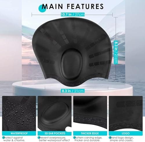 TEKCOOL Latest Designed Long Hair Swim Cap,Waterproof Silicone Swimming Cap for Adult Woman and Men,Keeps Hair Clean with Ear Protector Fresh Long Lasting Silicone Made Waterproof Swimming Cap(Black). 2