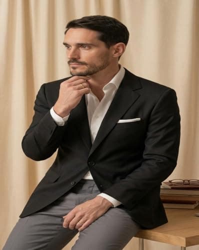 MAYKR Men's Black Blazer, Single-Breasted Formal Suit Jacket with Notch Lapel and Pocket Square 3