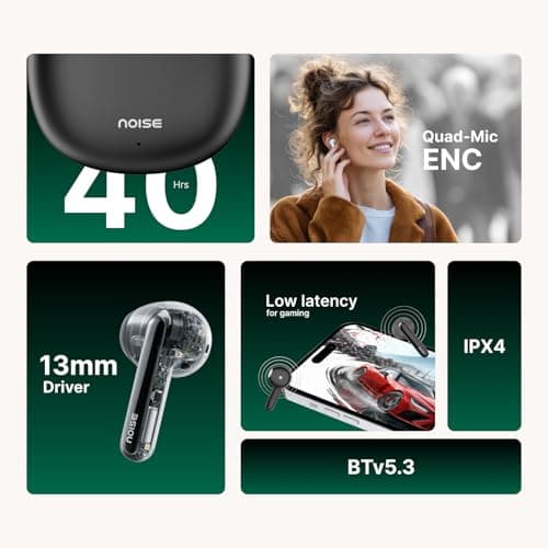 Noise Buds Mini Truly Wireless Earbuds (2026) | Half in-Ear Design | 40H Playtime | Quad Mic ENC for Clear Calls | 13mm Driver | Low Latency Gaming Mode | BT v5.3 | IPX4 Sweat Resistant - Jet Black 2