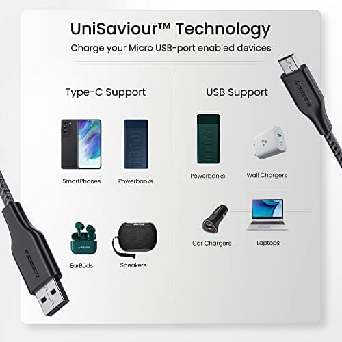 Ambrane Unbreakable 60W / 3A Fast Charging 1.5m Braided Micro USB Cable for Smartphones, Tablets, Laptops & Other Micro USB Devices, 480Mbps Data Sync, Quick Charge 3.0 (RCM15, Black) 5