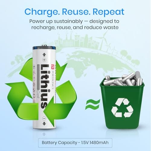 Portronics AA Lithius Type C Rechargeable Batteries, Pack of 2, Lithium Ion Cell Composition, Upto 1480mAh Capacity, Low Self Discharge, No Separate Charger Required (White) 3