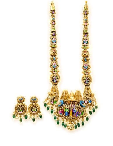 Dvina Glow Srinivasa Kalyanam Temple Jewellery Long Haram Set with Earrings for Women | Antique Gold Plated Sita Ram Bridal Necklace Set | South Indian Wedding Jewellery | Multi Color Stone Traditiona