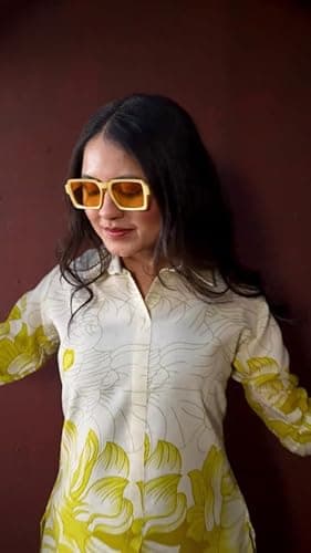 AK Fashion Mall Women Floral Printed Co-Ord Set | Cotton Fabric | Cream–Mustard | Collared Top with Pant | 3/4 Sleeve | Smart Office Wear 4
