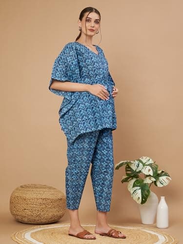 Aaheli Women’s Cotton Printed Maternity Kaftan Top with Pant Set | V-Neck Feeding Friendly Pregnancy Lounge Wear Co-Ord Set | Comfortable Nursing & Home Wear Outfit | Blue 3