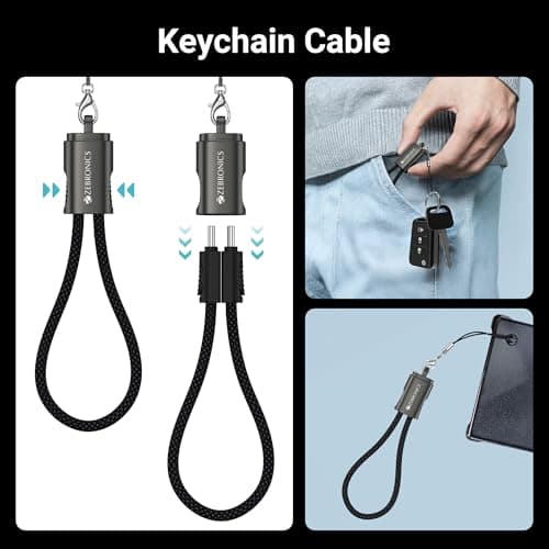 Zebronics Wattz 60CC4 Type-C to Type-C Braided Cable, PD 60W, Upto 480Mbps Data Sync, 20 cm, Durable, Charge & Sync, Rapid Charging, Compact with Keychain Case, For Laptops, Tablets, Mobiles (Black) 6