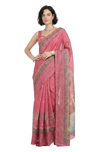 Janasya Women's Pink Silk Blend Ready To Wear Ethnic Motif Printed Saree With Unstitched Blouse