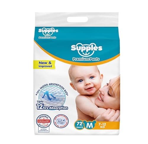 Amazon Brand - Supples Premium Baby Diaper Pants | 72 Baby Diapers | Medium | 7-12 Kg | 12 Hrs Absorption | Cushiony Cotton Soft Fabric | Phthalates-Free | Triple Leak Guard